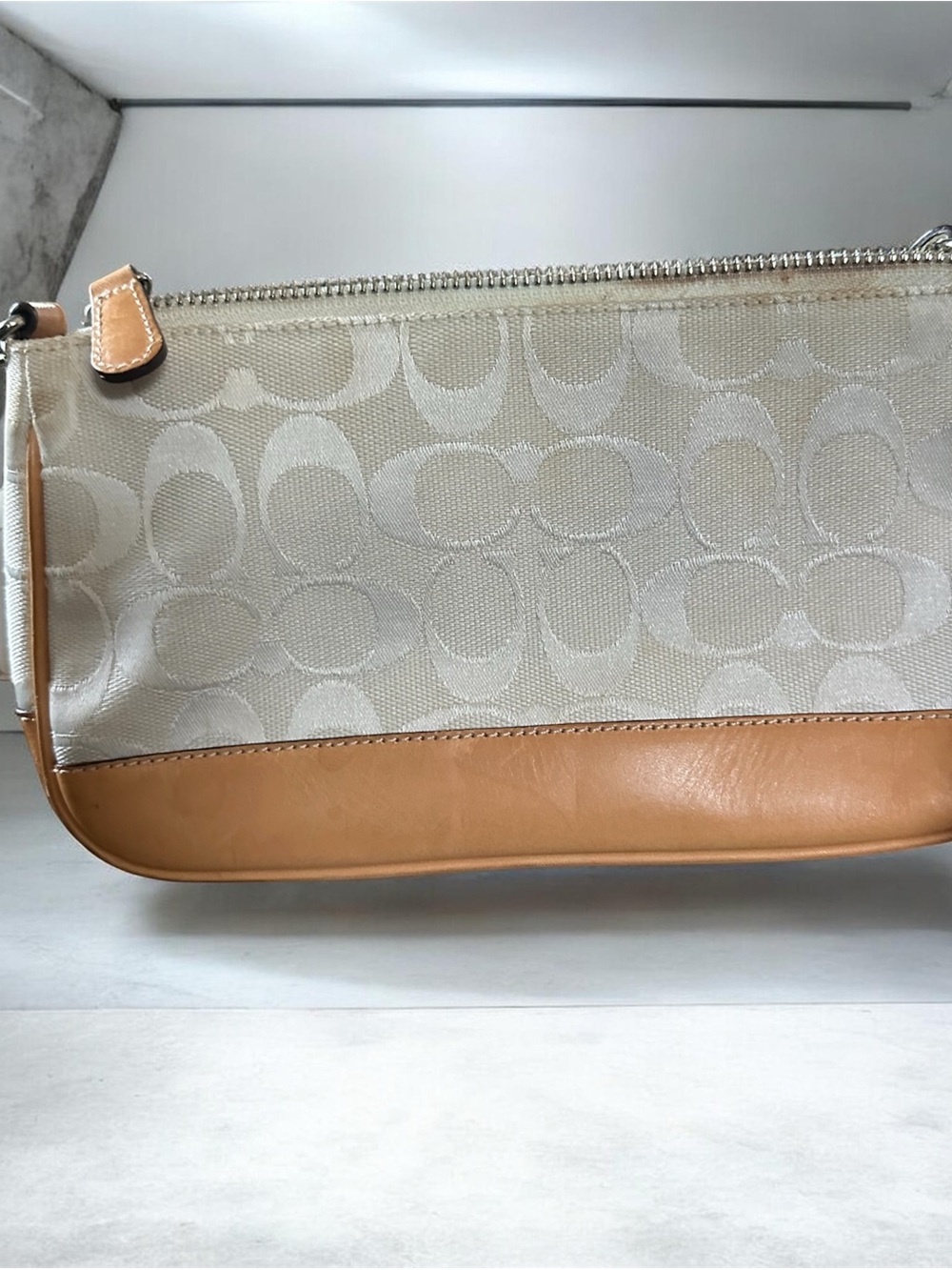 Coach Cream Signature Canvas Wristlet with Tan Leather Trim